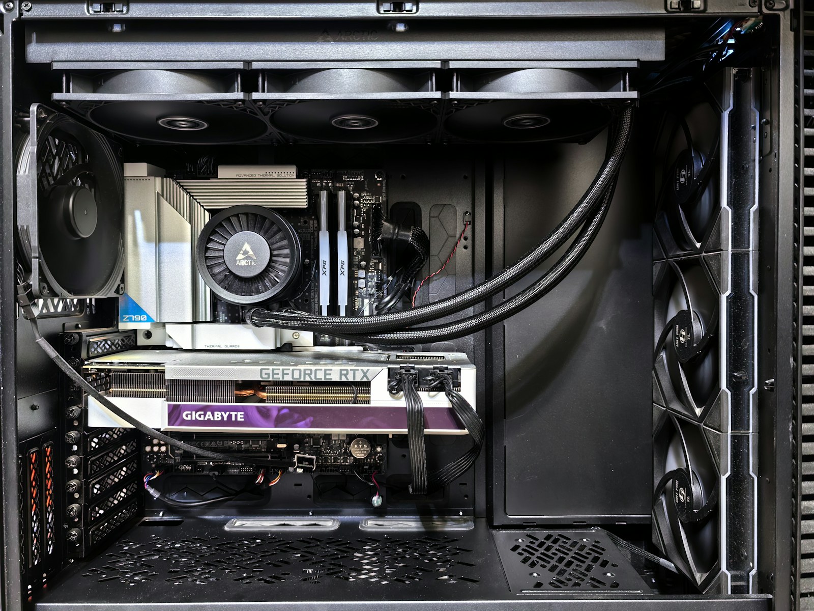 Graphics card and cooling fans inside a desktop computer